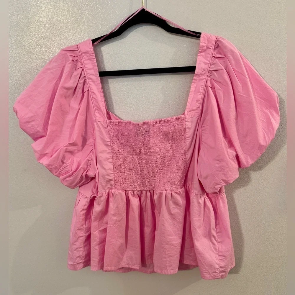 Puff-Sleeve Ruched Smocked Babydoll Swing Blouse Pink XXL